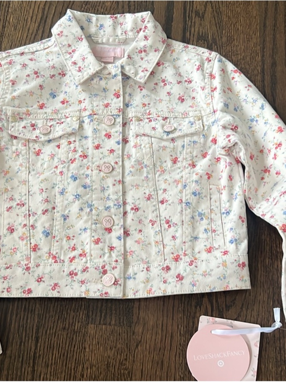 LoveShackFancy White Floral Print Denim Jacket with Pink & Blue Flowers